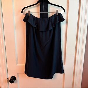 Amanda Uprichard Strapless Silk Ruffle Tie Mini Dress Navy